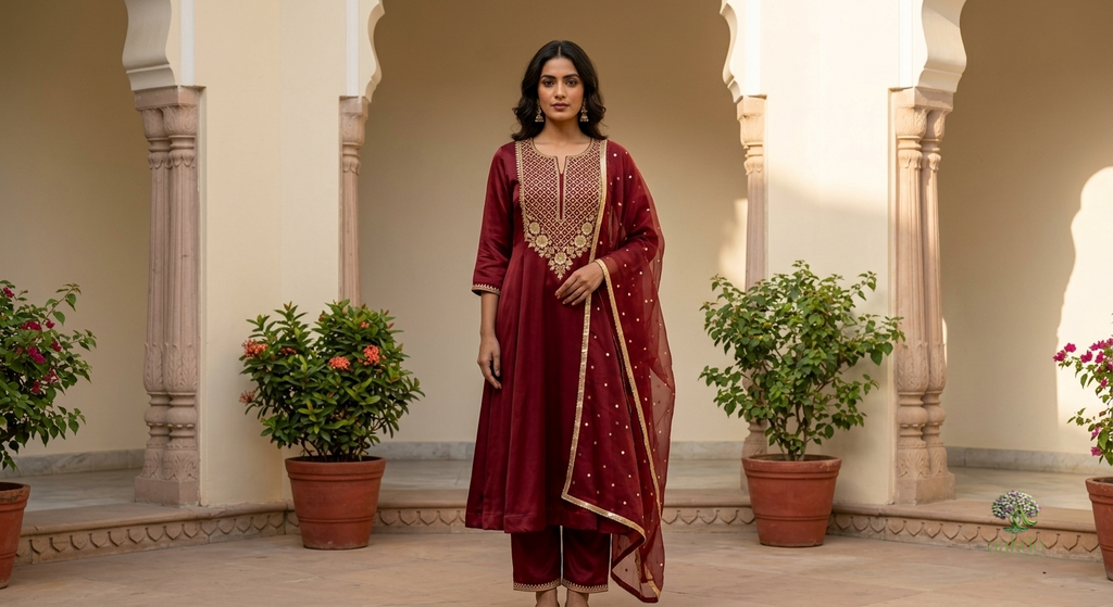 The Amer Solid Satin Anarkali Suit