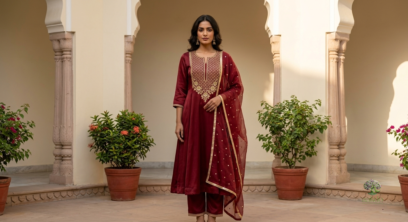 The Amer Solid Satin Anarkali Suit