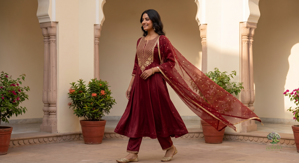 The Amer Solid Satin Anarkali Suit