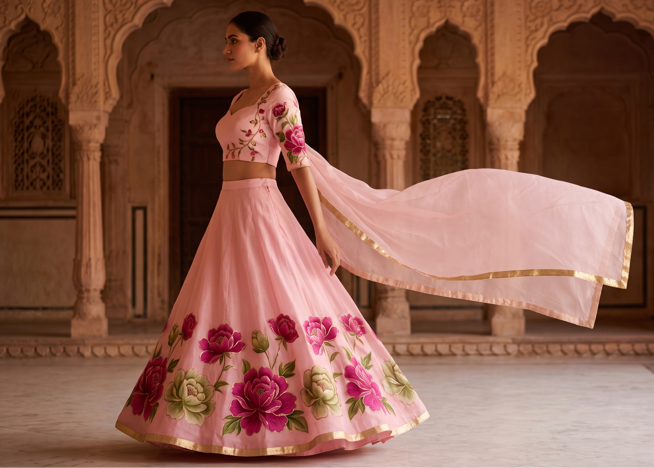 The Gulabi Bagh Handpainted Organza Lehenga Set