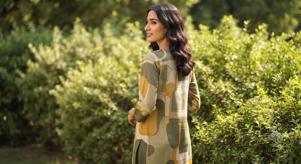 The Olive & Ochre Abstract Silk Kurta Set