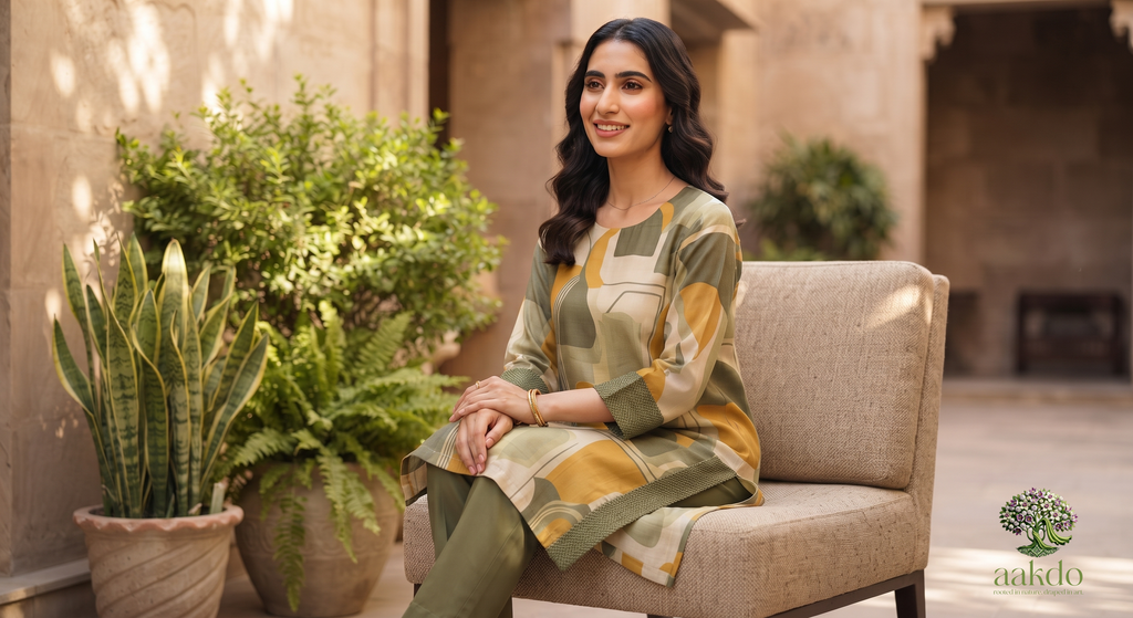 The Olive & Ochre Abstract Silk Kurta Set
