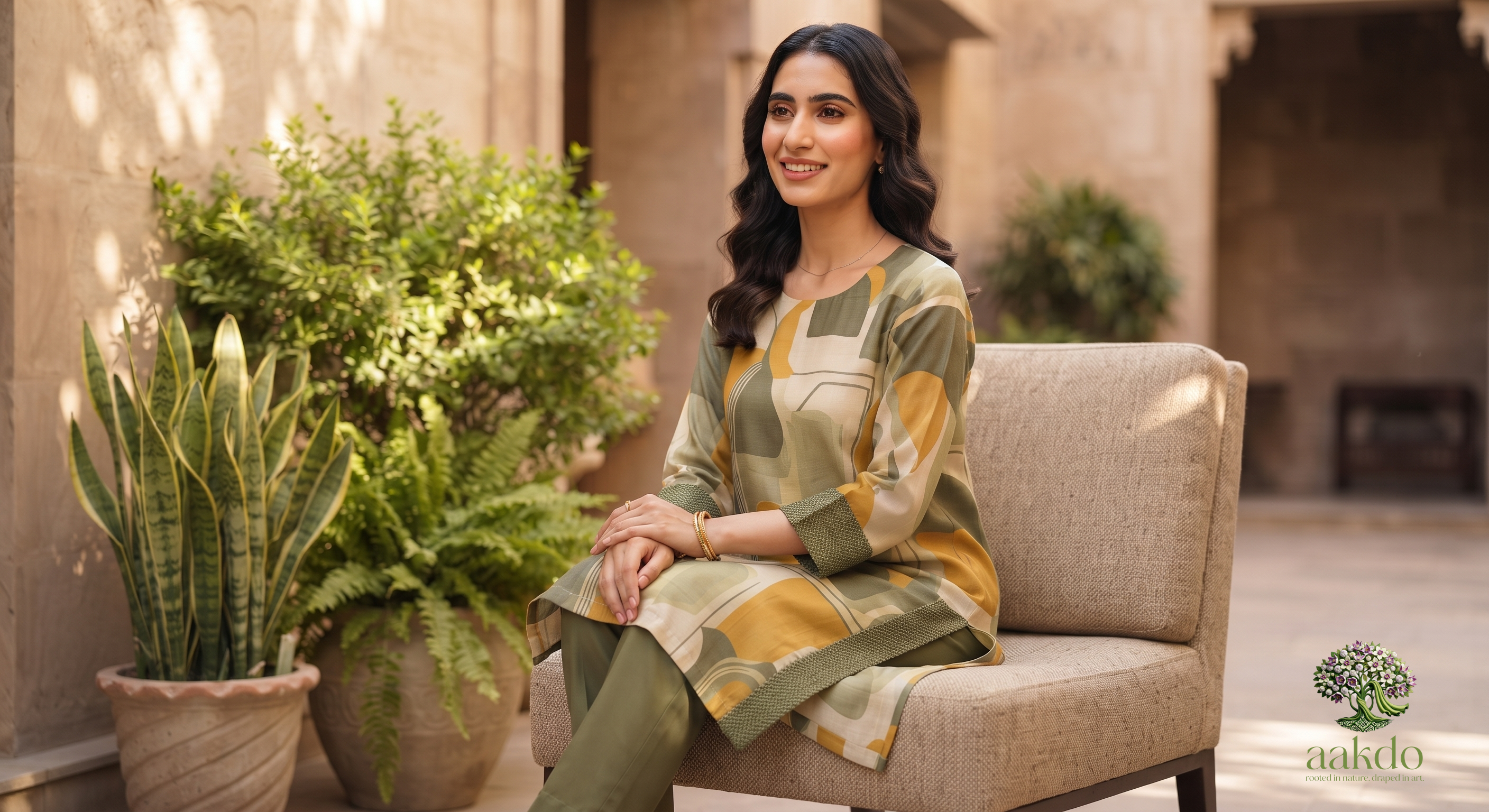 The Olive & Ochre Abstract Silk Kurta Set