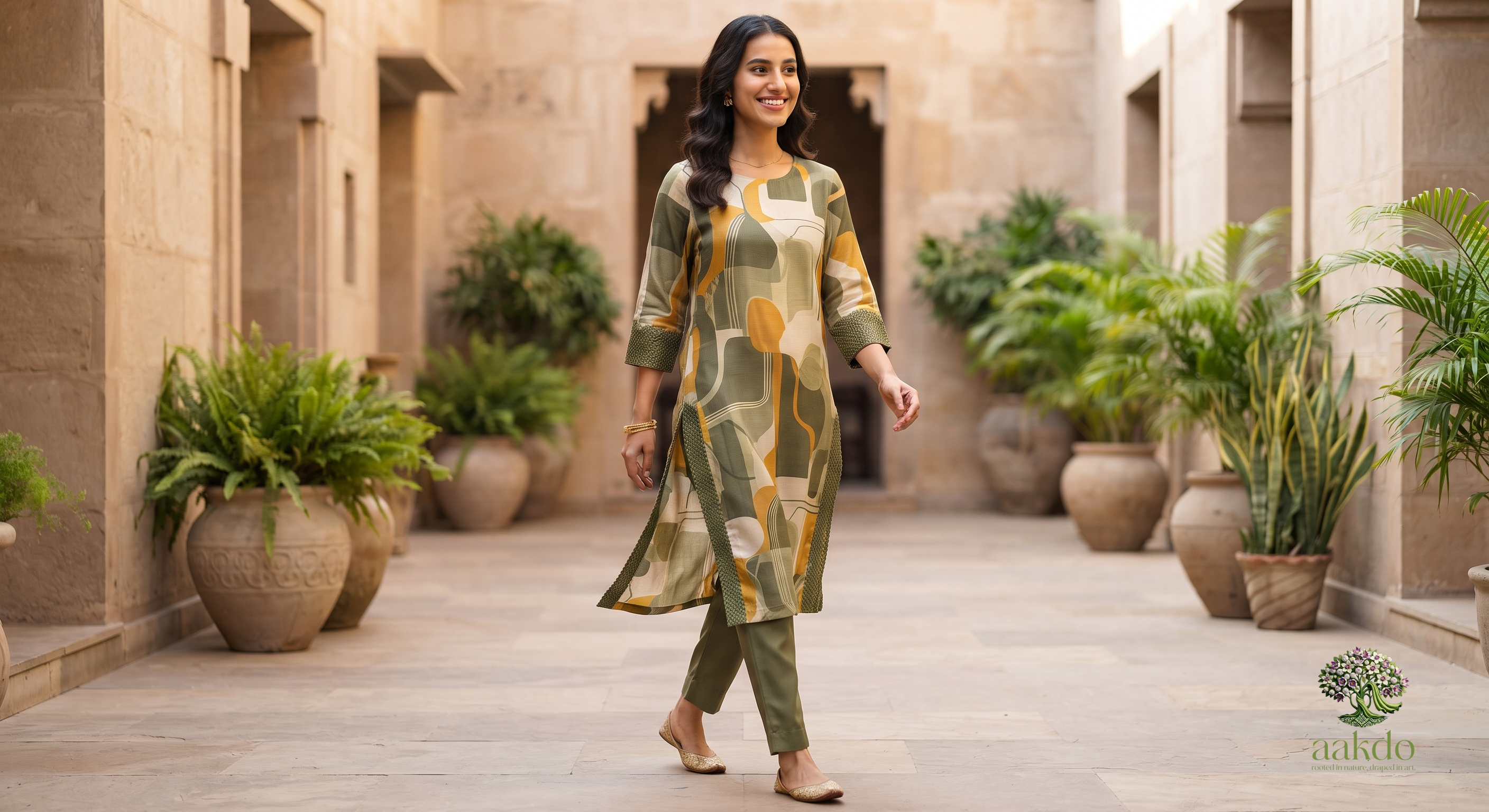 The Olive & Ochre Abstract Silk Kurta Set